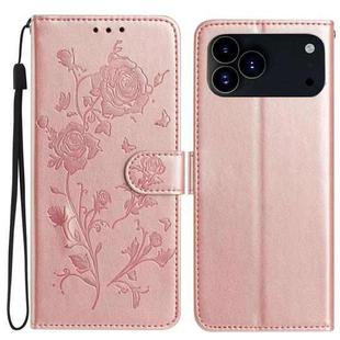 For iPhone 17 Pro Rose Flower Embossing Pattern Leather Phone Case(Rose Gold)