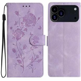 For iPhone 17 Pro Rose Flower Embossing Pattern Leather Phone Case(Light Purple)