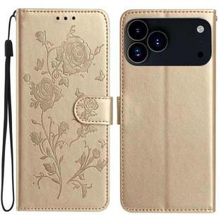 For iPhone 17 Pro Max Rose Flower Embossing Pattern Leather Phone Case(Gold)