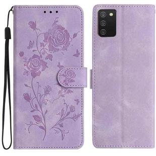 For Samsung Galaxy A02S 164mm US Rose Flower Embossing Pattern Leather Phone Case(Light Purple)