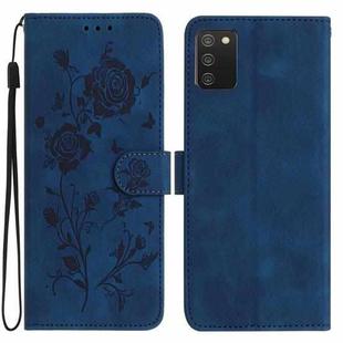 For Samsung Galaxy A02S 166mm EU Rose Flower Embossing Pattern Leather Phone Case(Dark Blue)