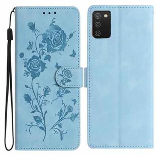 For Samsung Galaxy A02S 166mm EU Rose Flower Embossing Pattern Leather Phone Case(Sky Blue)