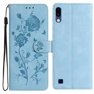For Samsung Galaxy A10 / M10 Rose Flower Embossing Pattern Leather Phone Case(Sky Blue)
