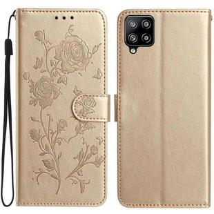 For Samsung Galaxy A12 Rose Flower Embossing Pattern Leather Phone Case(Gold)