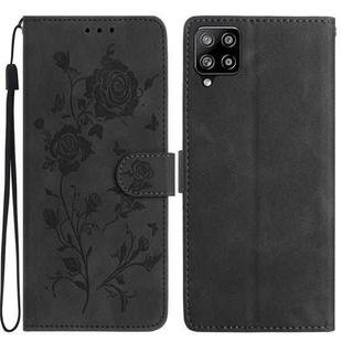 For Samsung Galaxy A12 Rose Flower Embossing Pattern Leather Phone Case(Black)