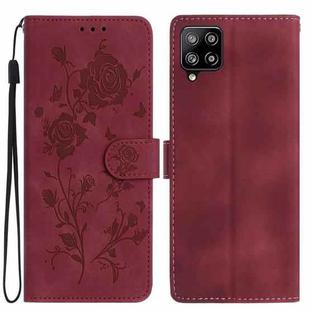 For Samsung Galaxy A12 Rose Flower Embossing Pattern Leather Phone Case(Red)