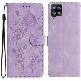For Samsung Galaxy A12 Rose Flower Embossing Pattern Leather Phone Case(Light Purple)