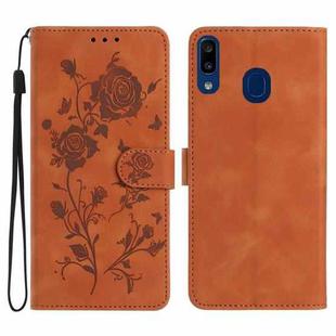For Samsung Galaxy A20 / A30 Rose Flower Embossing Pattern Leather Phone Case(Brown)