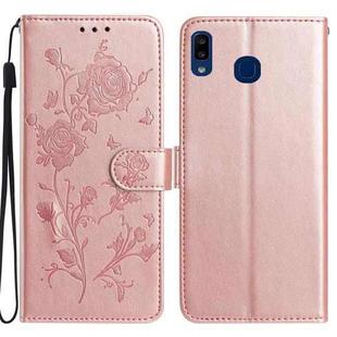 For Samsung Galaxy A20e Rose Flower Embossing Pattern Leather Phone Case(Rose Gold)