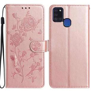 For Samsung Galaxy A21S Rose Flower Embossing Pattern Leather Phone Case(Rose Gold)