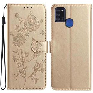 For Samsung Galaxy A21S Rose Flower Embossing Pattern Leather Phone Case(Gold)