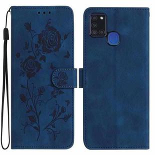 For Samsung Galaxy A21S Rose Flower Embossing Pattern Leather Phone Case(Dark Blue)