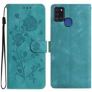 For Samsung Galaxy A21S Rose Flower Embossing Pattern Leather Phone Case(Green)
