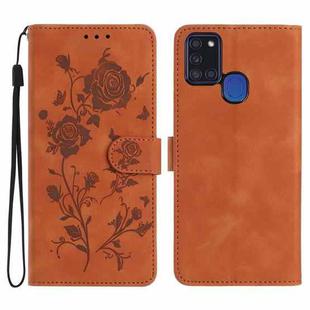 For Samsung Galaxy A21S Rose Flower Embossing Pattern Leather Phone Case(Brown)