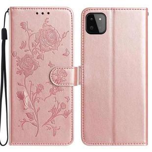 For Samsung Galaxy A22 5G Rose Flower Embossing Pattern Leather Phone Case(Rose Gold)