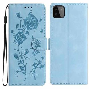 For Samsung Galaxy A22 5G Rose Flower Embossing Pattern Leather Phone Case(Sky Blue)