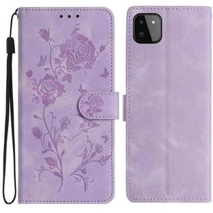 For Samsung Galaxy A22 5G Rose Flower Embossing Pattern Leather Phone Case(Light Purple)
