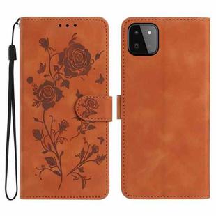 For Samsung Galaxy A22 5G Rose Flower Embossing Pattern Leather Phone Case(Brown)