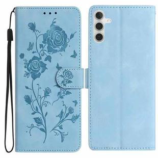 For Samsung Galaxy A25 Rose Flower Embossing Pattern Leather Phone Case(Sky Blue)
