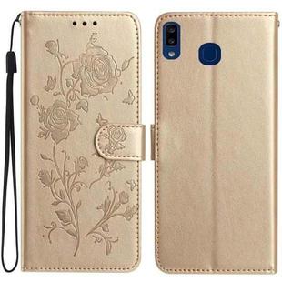 For Samsung Galaxy A40 Rose Flower Embossing Pattern Leather Phone Case(Gold)