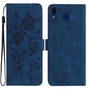 For Samsung Galaxy A40 Rose Flower Embossing Pattern Leather Phone Case(Dark Blue)