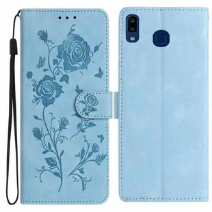 For Samsung Galaxy A40 Rose Flower Embossing Pattern Leather Phone Case(Sky Blue)