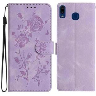 For Samsung Galaxy A40 Rose Flower Embossing Pattern Leather Phone Case(Light Purple)