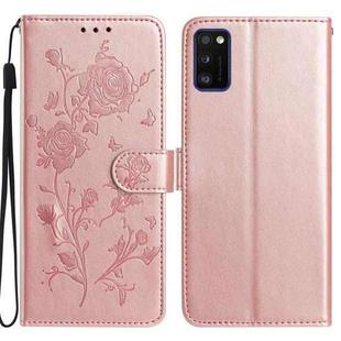 For Samsung Galaxy A41 Rose Flower Embossing Pattern Leather Phone Case(Rose Gold)
