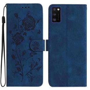 For Samsung Galaxy A41 Rose Flower Embossing Pattern Leather Phone Case(Dark Blue)