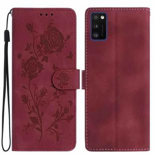 For Samsung Galaxy A41 Rose Flower Embossing Pattern Leather Phone Case(Red)