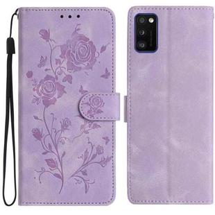 For Samsung Galaxy A41 Rose Flower Embossing Pattern Leather Phone Case(Light Purple)