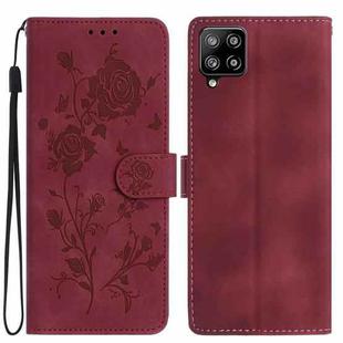 For Samsung Galaxy A42 Rose Flower Embossing Pattern Leather Phone Case(Red)