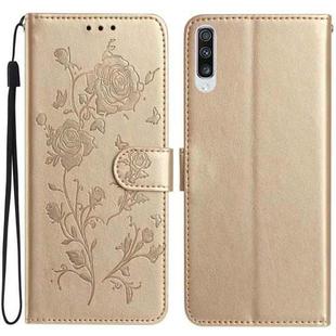 For Samsung Galaxy A50 Rose Flower Embossing Pattern Leather Phone Case(Gold)