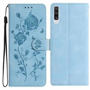 For Samsung Galaxy A50 Rose Flower Embossing Pattern Leather Phone Case(Sky Blue)