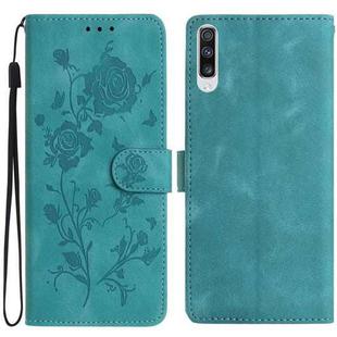 For Samsung Galaxy A50 Rose Flower Embossing Pattern Leather Phone Case(Green)