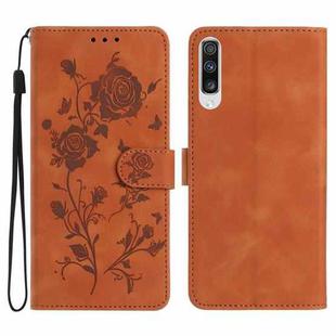 For Samsung Galaxy A50 Rose Flower Embossing Pattern Leather Phone Case(Brown)