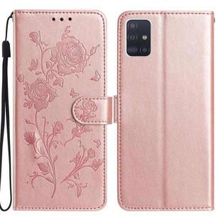 For Samsung Galaxy A51 Rose Flower Embossing Pattern Leather Phone Case(Rose Gold)
