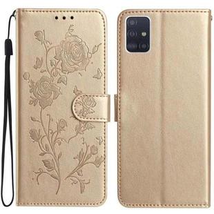 For Samsung Galaxy A51 Rose Flower Embossing Pattern Leather Phone Case(Gold)