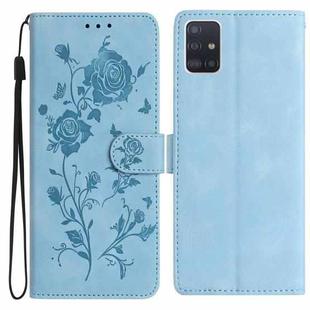 For Samsung Galaxy A51 Rose Flower Embossing Pattern Leather Phone Case(Sky Blue)