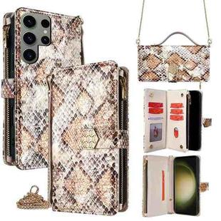 For Samsung Galaxy S23 Ultra 5G Crossbody Handle Snake Texture Leather Phone Case(White)