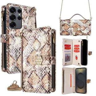 For Samsung Galaxy S25 Ultra 5G Crossbody Handle Snake Texture Leather Phone Case(White)
