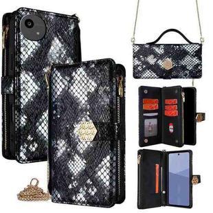 For Sharp Aqous wish5 Crossbody Handle Snake Texture Leather Phone Case(Black)