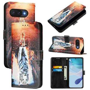 For Google Pixel 9a Colored Drawing Pattern Plain Weave Leather Phone Case(Cats And Tigers)