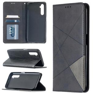 For OPPO Realme 6 Rhombus Texture Horizontal Flip Magnetic Leather Case with Holder & Card Slots(Black)