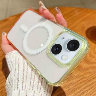 For iPhone 15 Plus Contrast Color Gradient Transparent MagSafe Phone Case(Fluorescent Green + Light Pink)