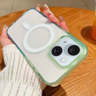 For iPhone 15 Plus Contrast Color Gradient Transparent MagSafe Phone Case(Green + Blue)
