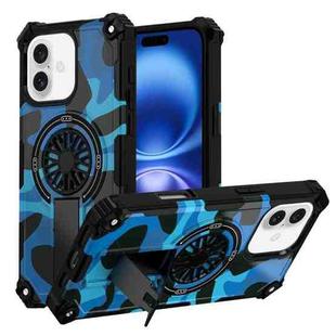 For iPhone 16 Camouflage Kickstand Rotating Shaft MagSafe Phone Case(Blue Camouflage)