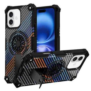 For iPhone 16 Camouflage Kickstand Rotating Shaft MagSafe Phone Case(Carbon Fiber Rainbow)