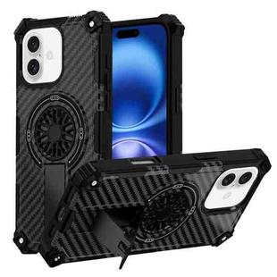For iPhone 16 Camouflage Kickstand Rotating Shaft MagSafe Phone Case(Carbon Fiber Black)