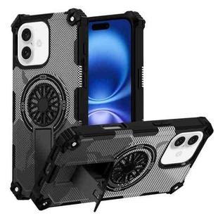 For iPhone 16 Camouflage Kickstand Rotating Shaft MagSafe Phone Case(Carbon Fiber Grey)